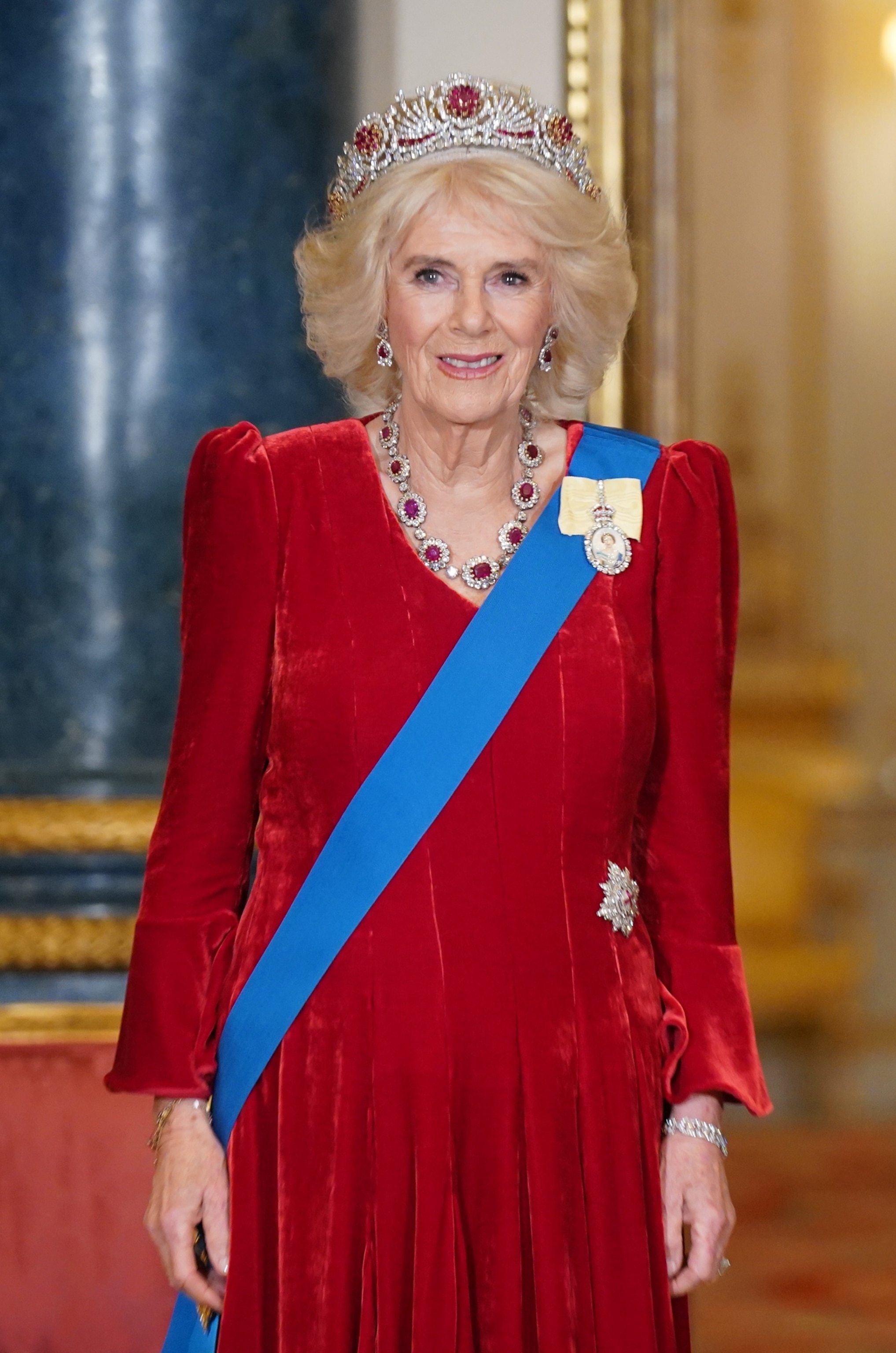 PHOTO: Queen Camilla poses for photos ahead of the State Banquet at Buckingham Palace on Nov. 21, 2023 in London, England. King Charles is hosting Korean President Yoon Suk Yeol and his wife Kim Keon Hee on a state visit from November 21-23. 