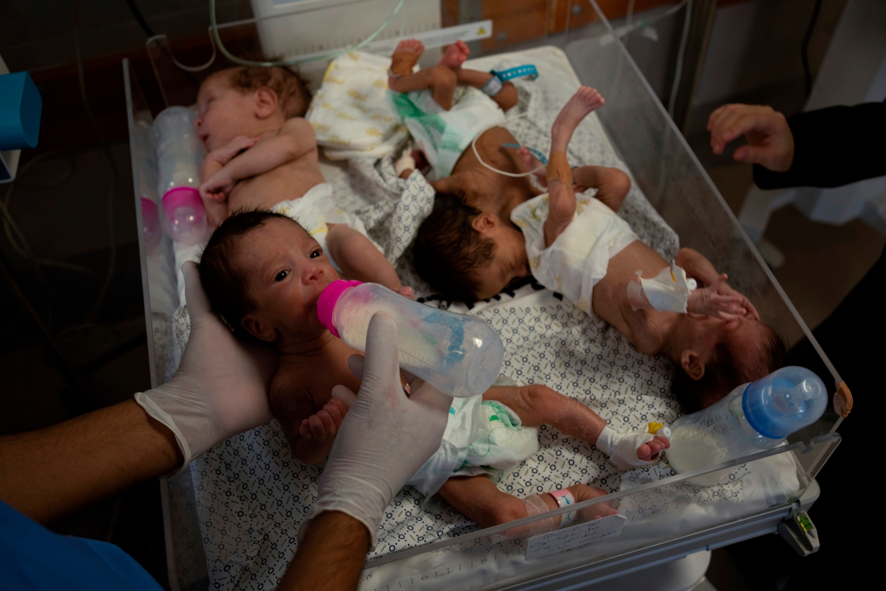 PHOTO: Medics prepare premature babies for transport to Egypt after they were evacuated from Shifa Hospital in Gaza City to a hospital in Rafah, Gaza Strip, Nov. 20, 2023. 