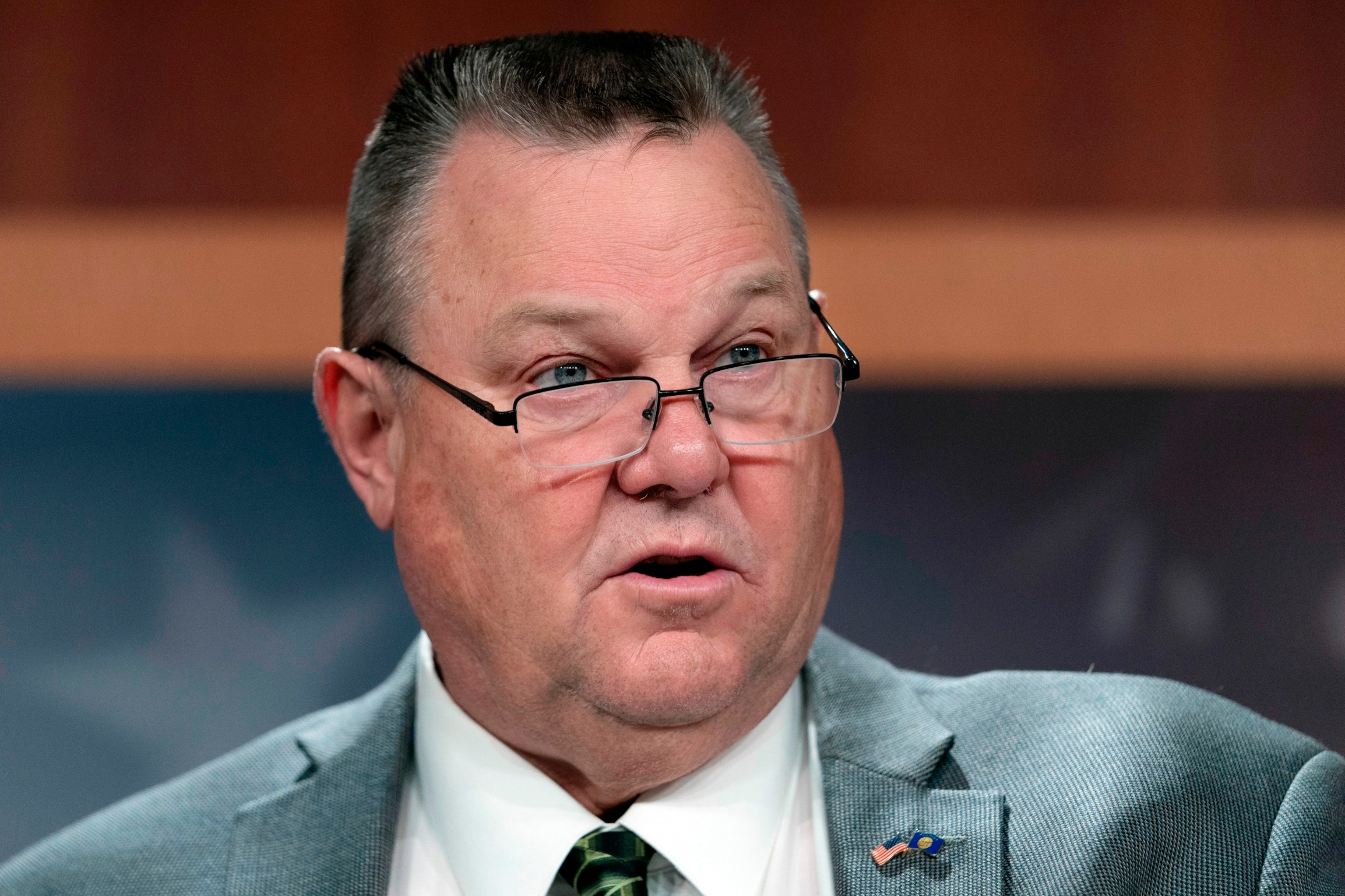 PHOTO: Sen. Jon Tester, D-Mont., speaks about health care for post-9/11 toxic-exposed veterans, Feb., 1, 2022, on Capitol Hill in Washington.