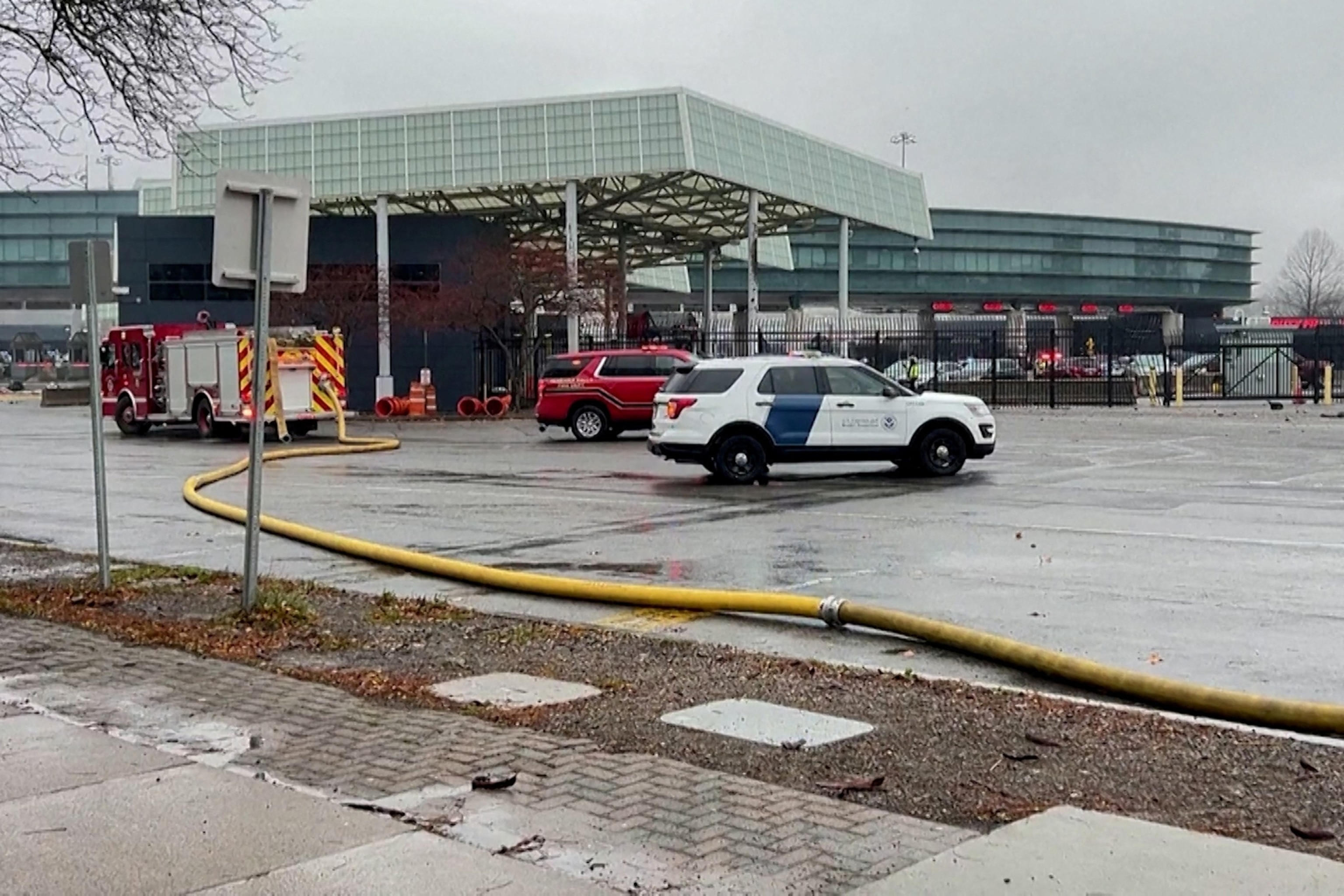 PHOTO: Emergency vehicles are seen after an incident at the Rainbow Bridge U.S. border crossing with Canada, in Niagara Falls, New York, Nov. 22, 2023 in a still image from video. 