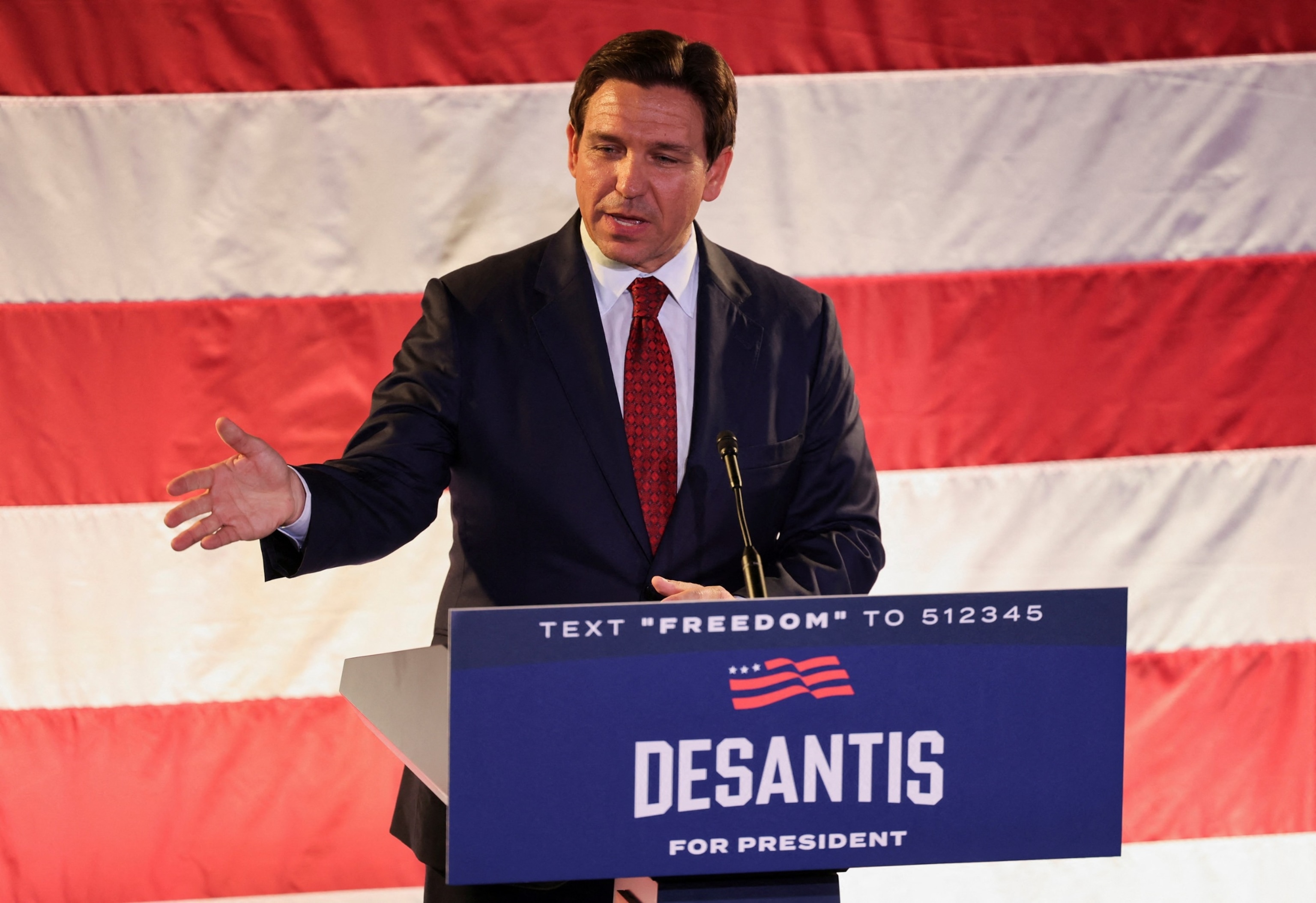 PHOTO: Florida Governor and U.S. Presidential candidate Ron DeSantis speaks during a rally, Nov. 6, 2023, in Des Moines, Iowa. 