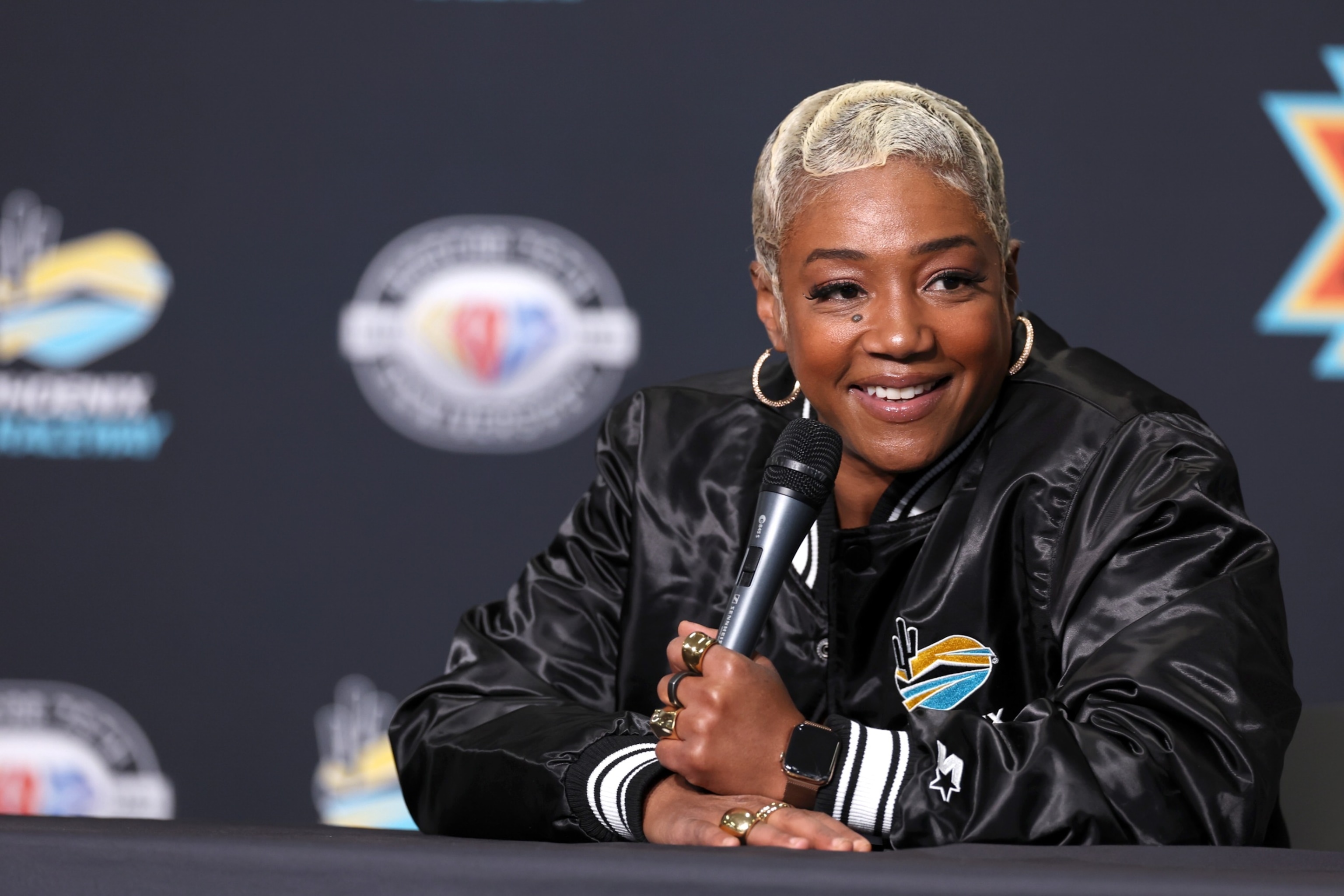 PHOTO: Honorary pace car driver Tiffany Haddish speaks to the media during a press conference prior to the NASCAR Cup Series Championship at Phoenix Raceway on Nov. 5, 2023, in Avondale, Ariz. 