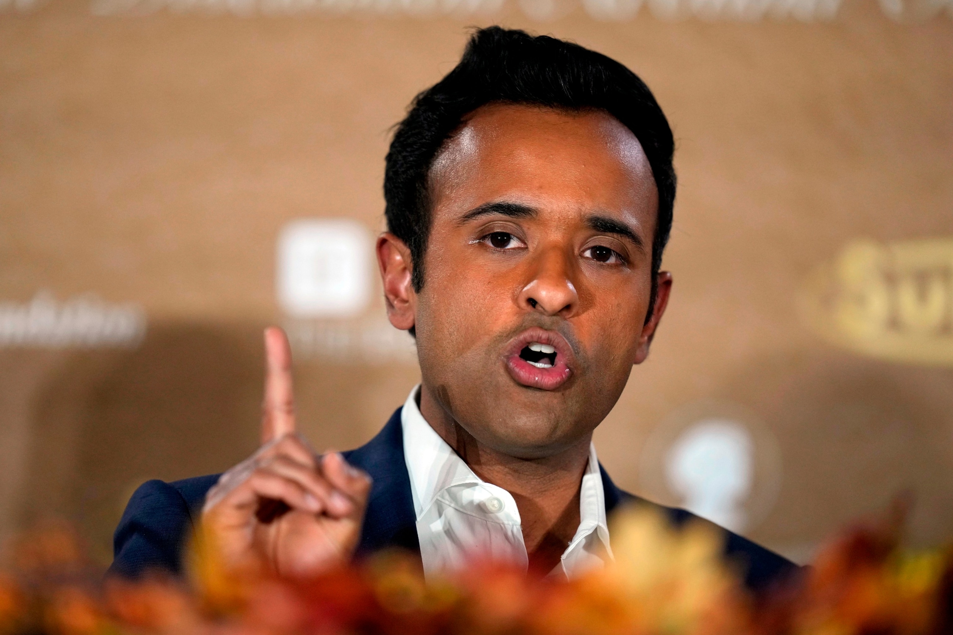 PHOTO: Republican presidential candidate businessman Vivek Ramaswamy speaks during the Family Leader's Thanksgiving Family Forum, Nov. 17, 2023, in Des Moines, Iowa. 