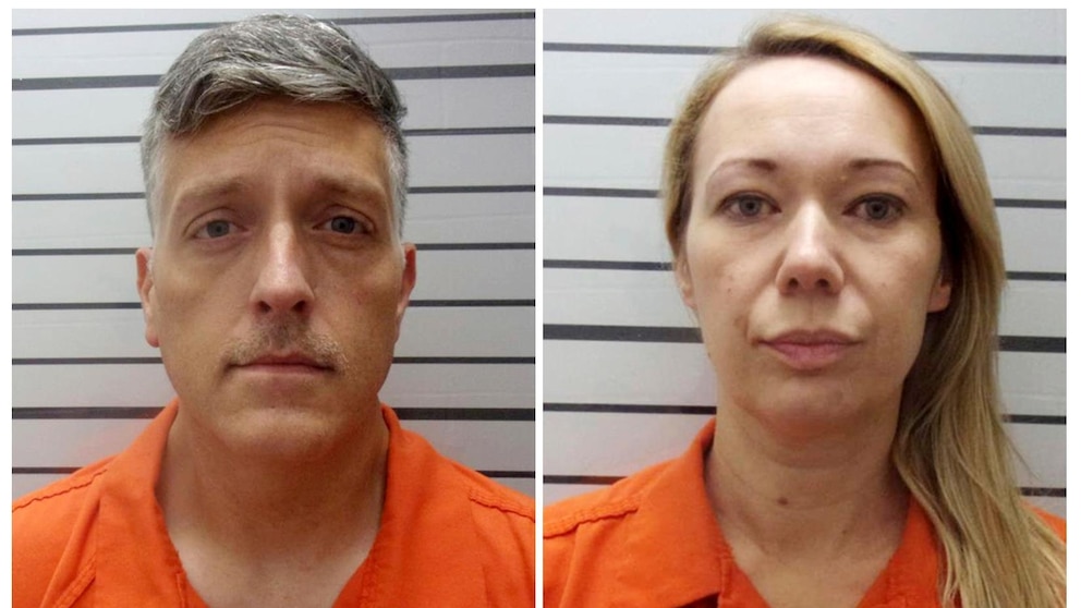 This combo of images provided by the Muskogee County, Okla., Sheriff’s Office shows Jon Hallford, left, and Carie Hallford. Jon and Carie Hallford, the owners of a Colorado funeral home, were arrested Wednesday, Nov. 8, 2023, in Oklahoma, on charges linked to the discovery of 190 sets of decaying remains at one of their facilities. (Muskogee County Sheriff’s Office via AP)
