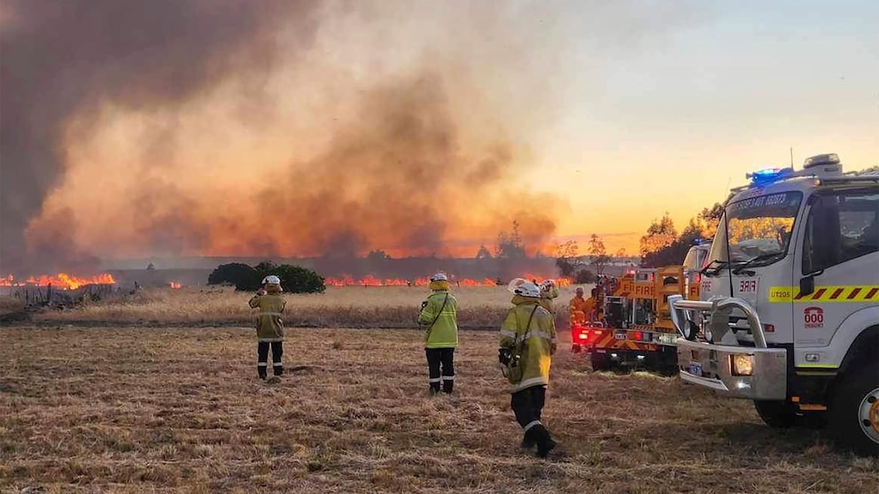 West Australian firefighters watch as grassland burns near the West Australian city of Wannaroo, north of Perth in the early hours of Thursday, Nov. 23, 2023. Dozens of residents have been evacuated and at least 10 homes have been destroyed by a wildfire that is burning out of control on the northern fringe of the west coast city of Perth during heatwave spring conditions, authorities say.(DFES via AP)